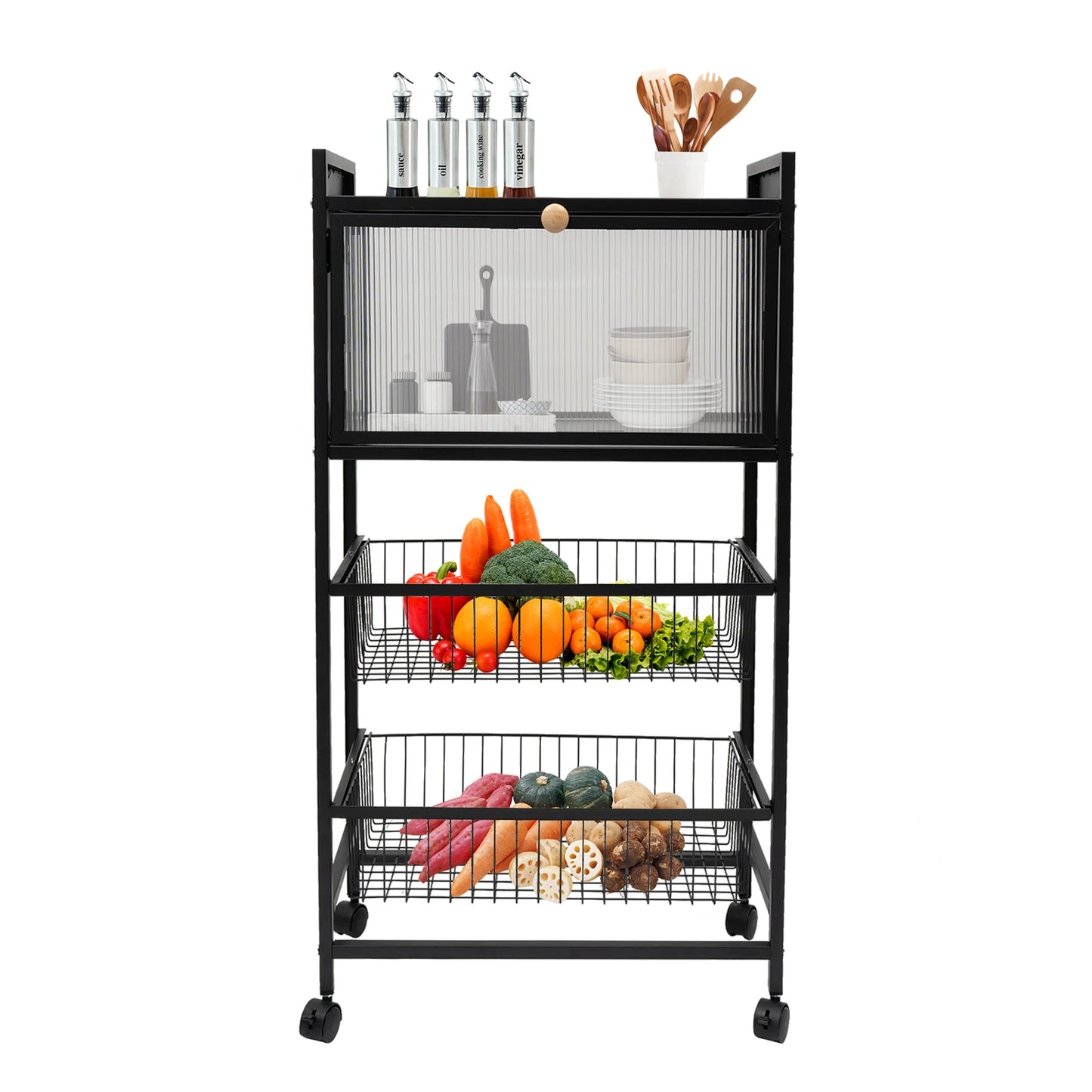 4-Storey Kitchen Storage Rack 55x27.5x96.5cm with Brake Casters Black/White - Organization Solution for Your Kitchen