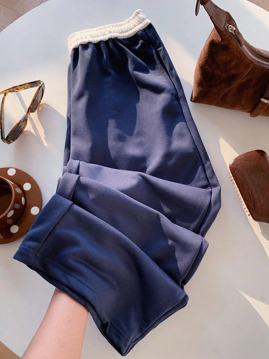 Navy Blue High-Waisted Loose Fit Sweatpants with Contrast Waistband