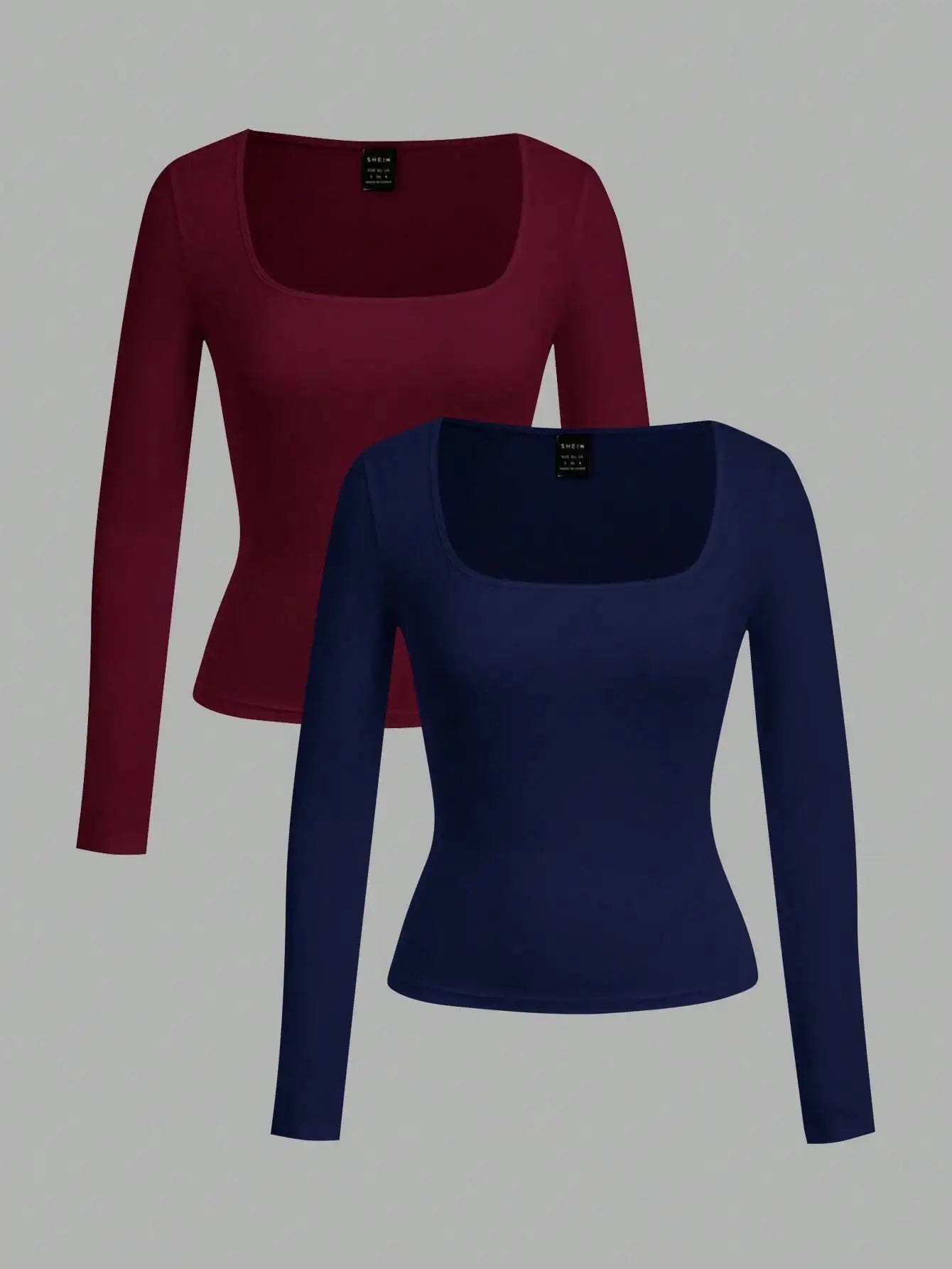 2-Pack Women's Square Neck Long Sleeve Fitted T-Shirts - Black & White, Casual Basic Tops for Autumn Winter