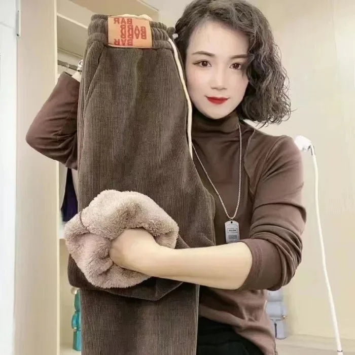 Fleece-Lined European Cotton Velvet Womens Warm Winter Sports Pants