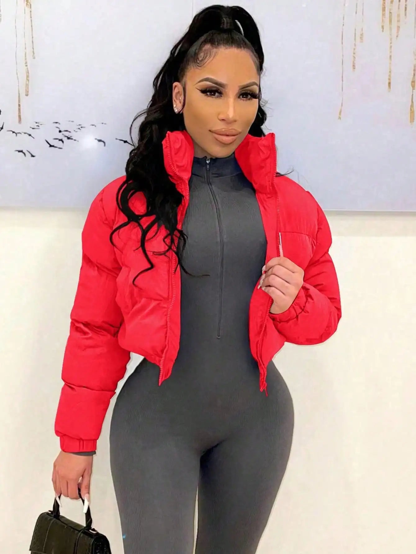 Women's Short Stand Collar Bomber Jacket with Zipper Front, Warm Puffer Style for Winter