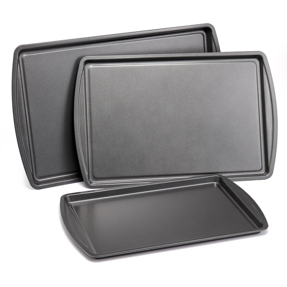 3PC Nonstick Cookie Sheet Set Durable Steel Construction Easy Release Perfect Baking Tasks