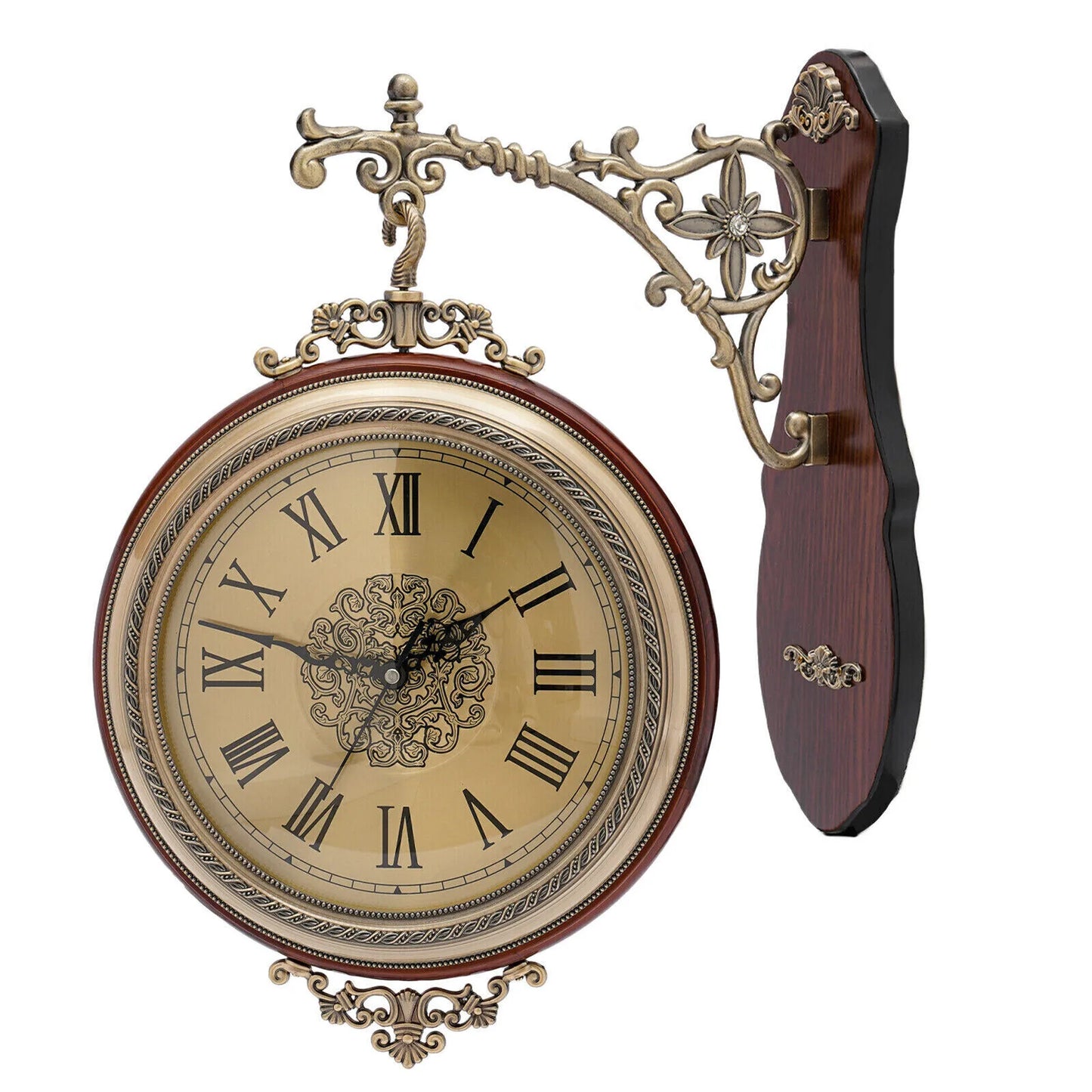 Wooden Double-Sided Wall Clock, Battery Operated, Silent Movement