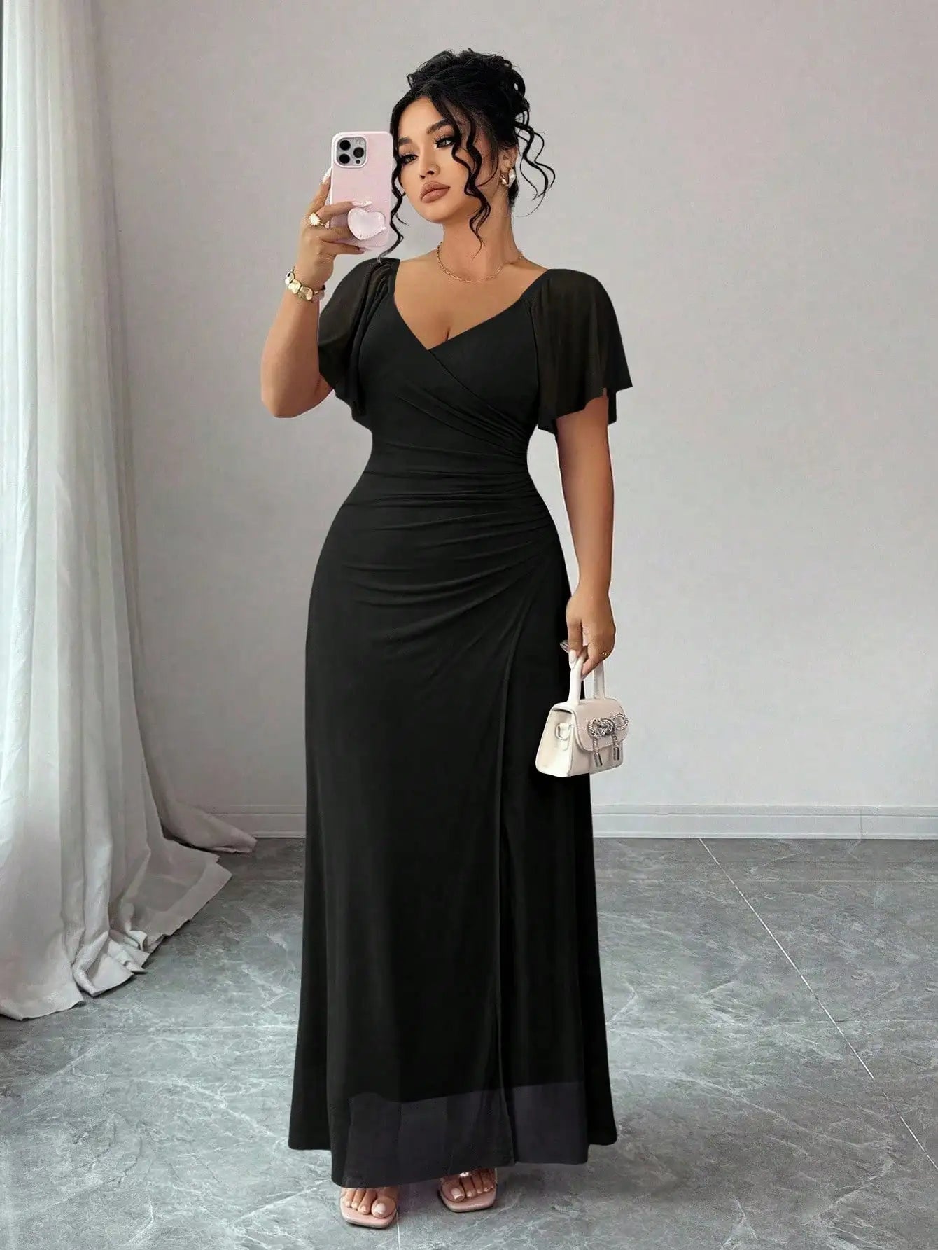 Lavender V-Neck Ruffle Sleeve Pleated Maxi Dress for Bridesmaid Wedding Party Formal Occasion