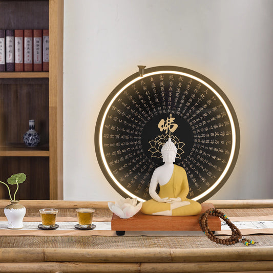 Ceramic Buddha Statue With Circle LED Lamp For Home Decor