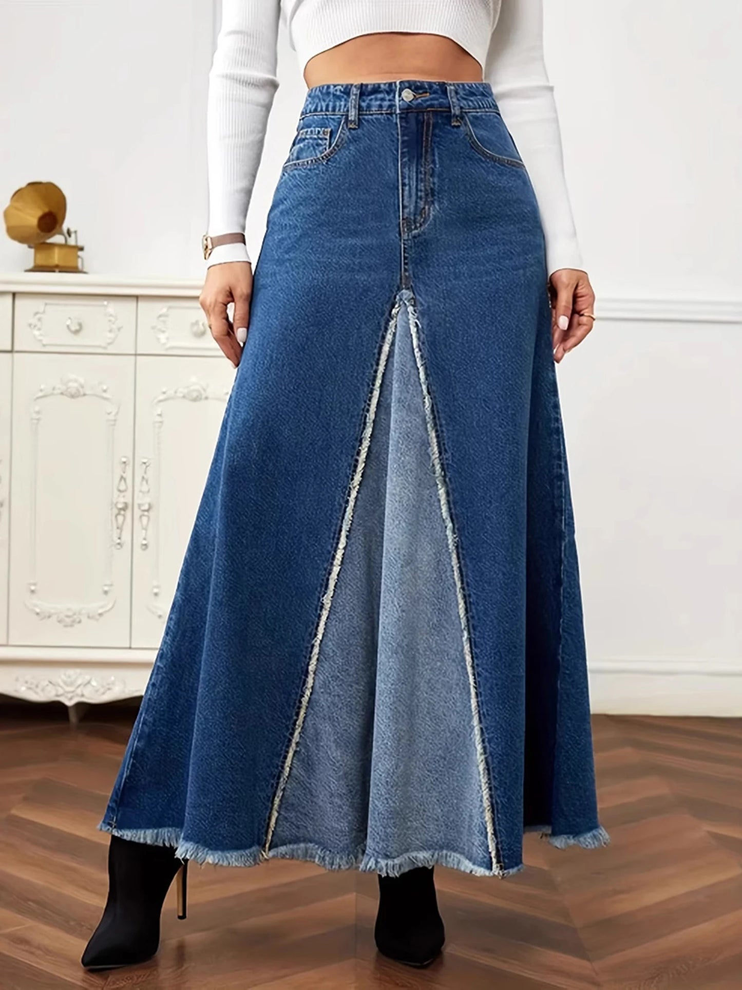 XBTCLXEBCOCN Women's Vintage Denim Midi Skirt With High Waist