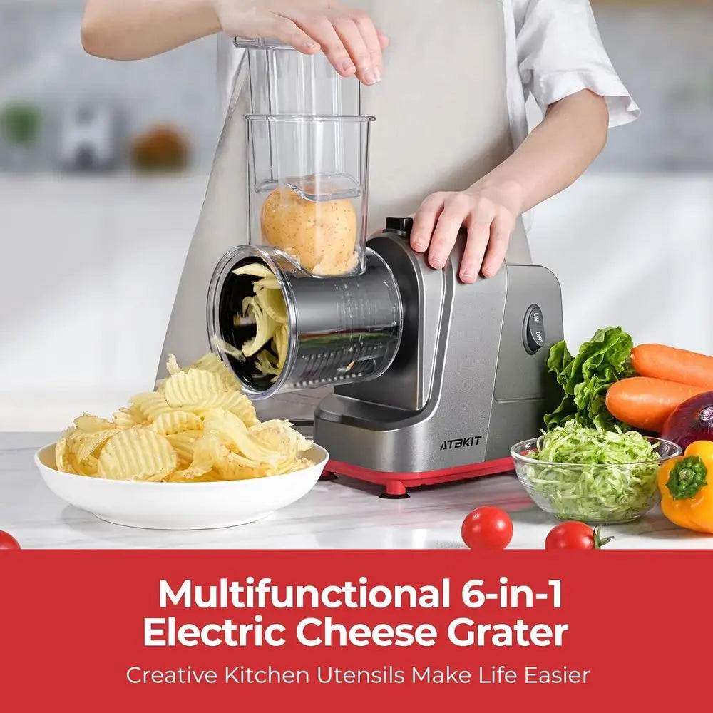 Electric Cheese Grater, Salad Maker with 6 Different Shapes of Blades, 250W Electric Slicer Shredder for Cheeses, Fruits, Vegeta