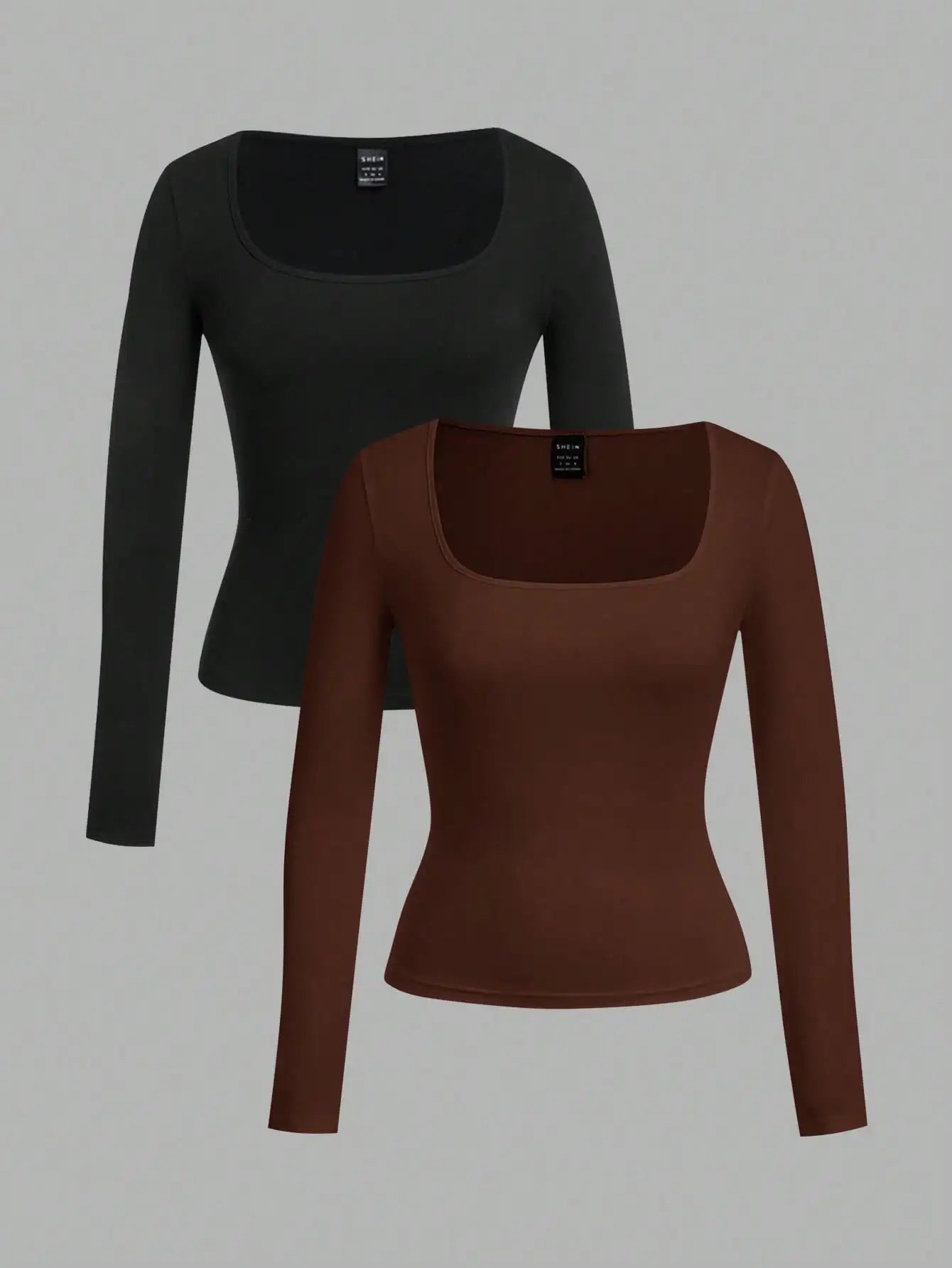 2-Pack Women's Square Neck Long Sleeve Fitted T-Shirts - Black & White, Casual Basic Tops for Autumn Winter