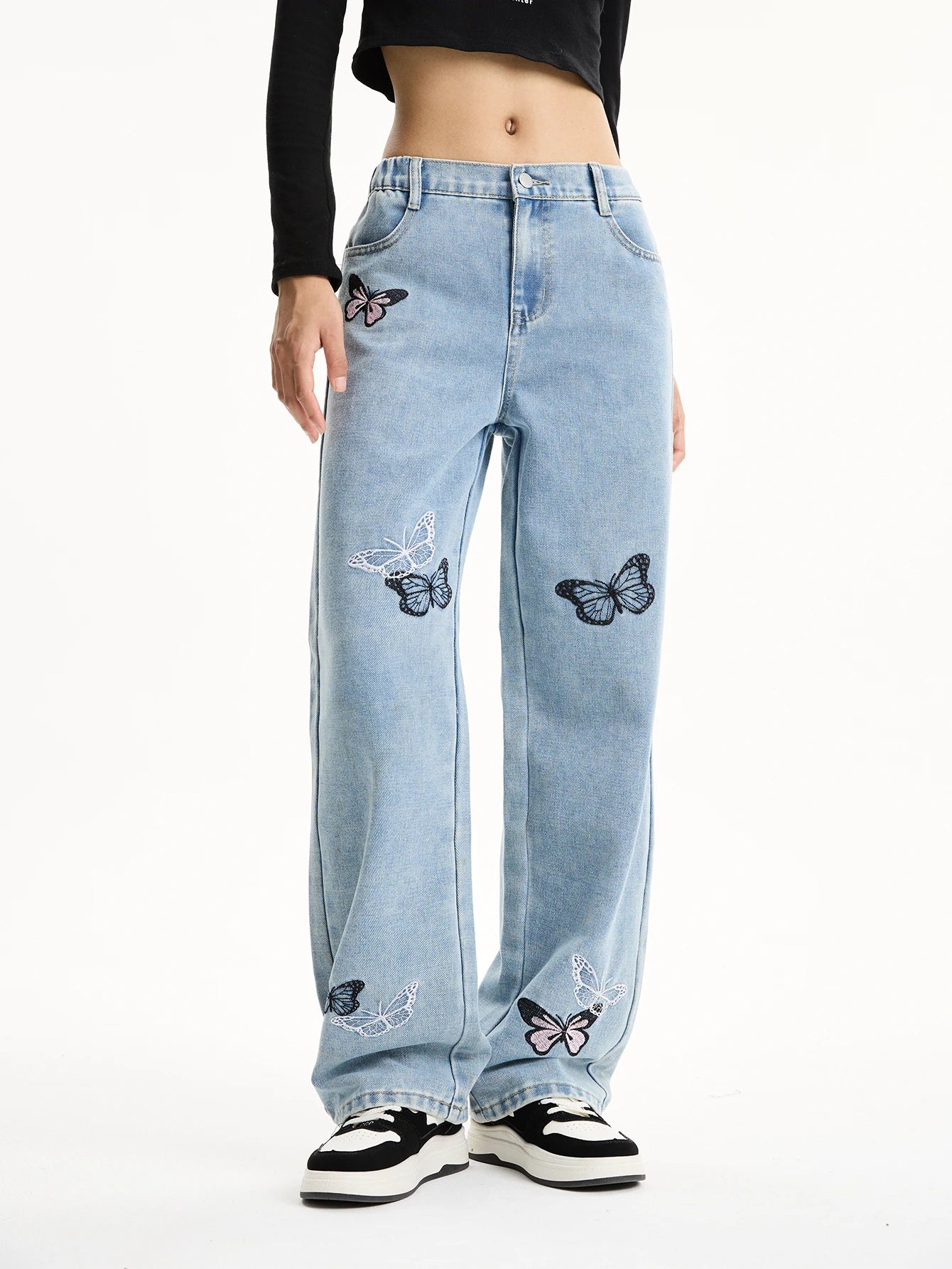 Girls' Butterfly Embroidered Light Blue Washed Jeans - Loose Fit Student Casual Stylish Straight Leg Pants