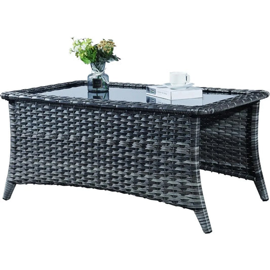 Rilyson Patio Tables Wicker Coffee Table - Outdoor Rattan Coffee Tables with Glass Top for Patio Proch Deck Balcony Rectangle Mi