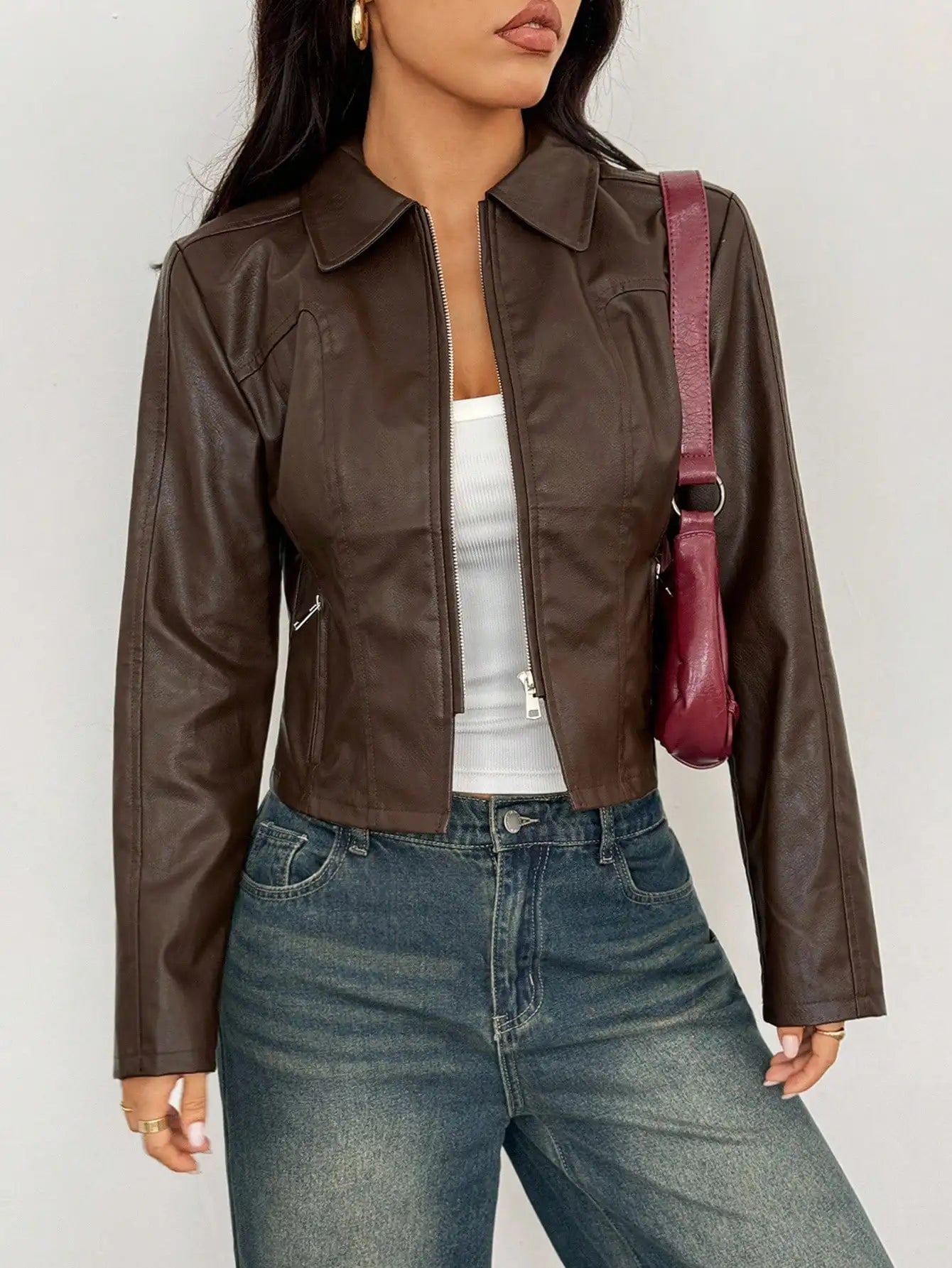 Women's Brown Faux Leather Bomber Jacket with Double Zipper, Short Fit for Fall Winter Casual Streetwear