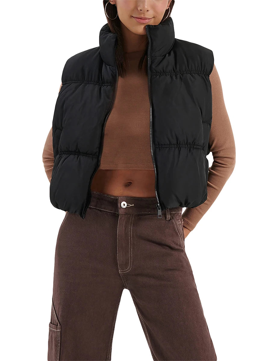 Women s Winter Quilted Waistcoat Solid Color Lightweight Zip Stand Collar Winter Vest Sleeveless Jacket