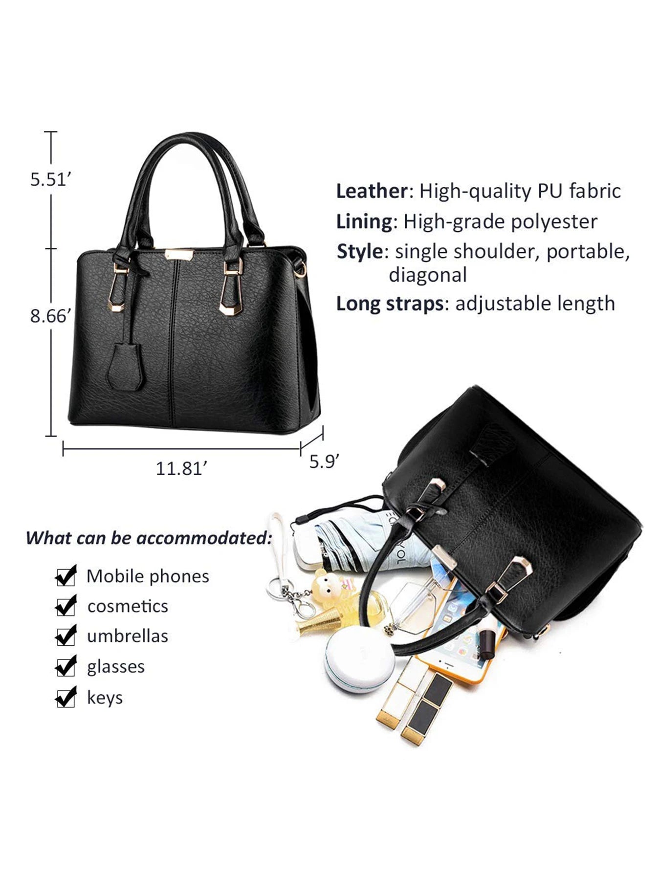 Women PU Leather Handbag Satchel Tote With Adjustable Handle