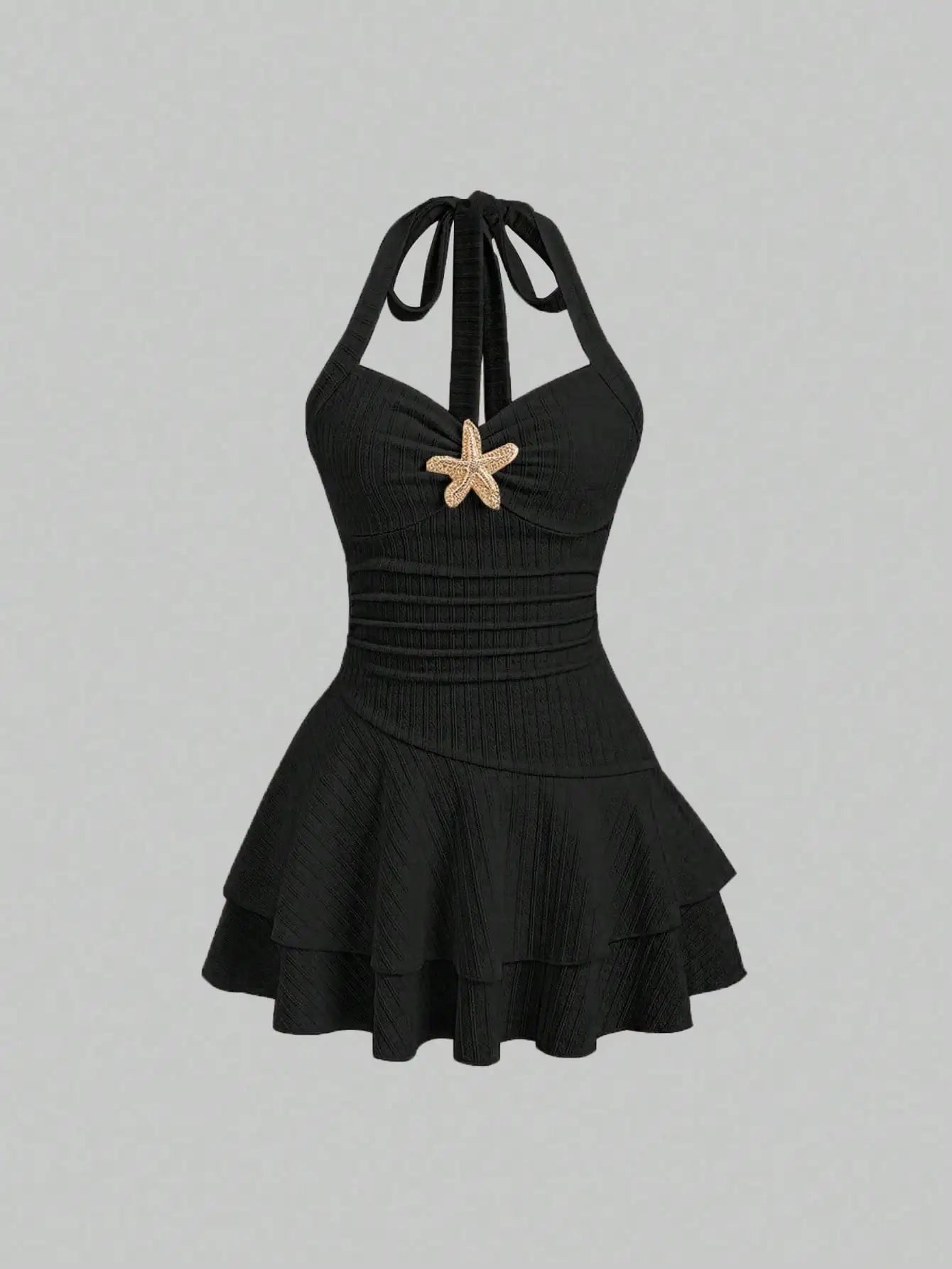 Women's Halter Neck Beach Mini Dress with Starfish Decor, Ruched Bust & Layered Ruffle Hem, Spring Summer