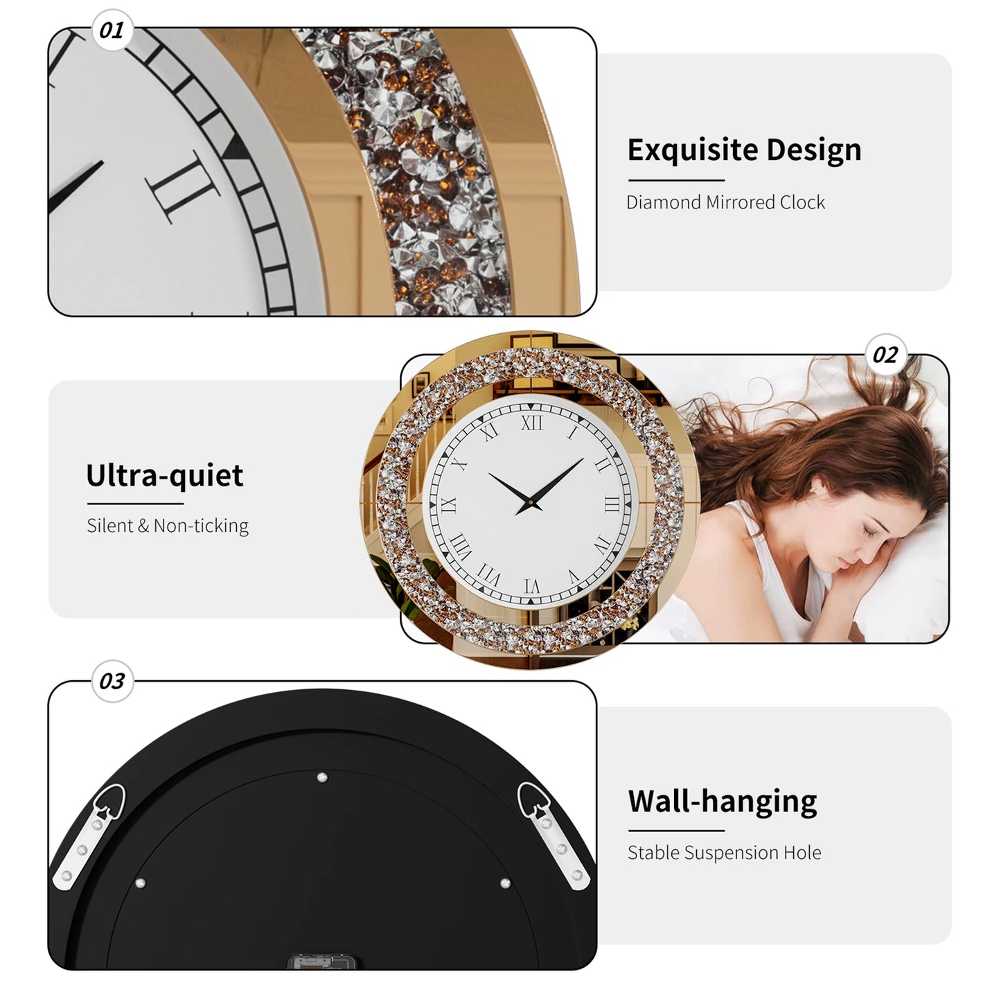 Bling Round Mirror Clock For Glam Sparkle Wall Decor