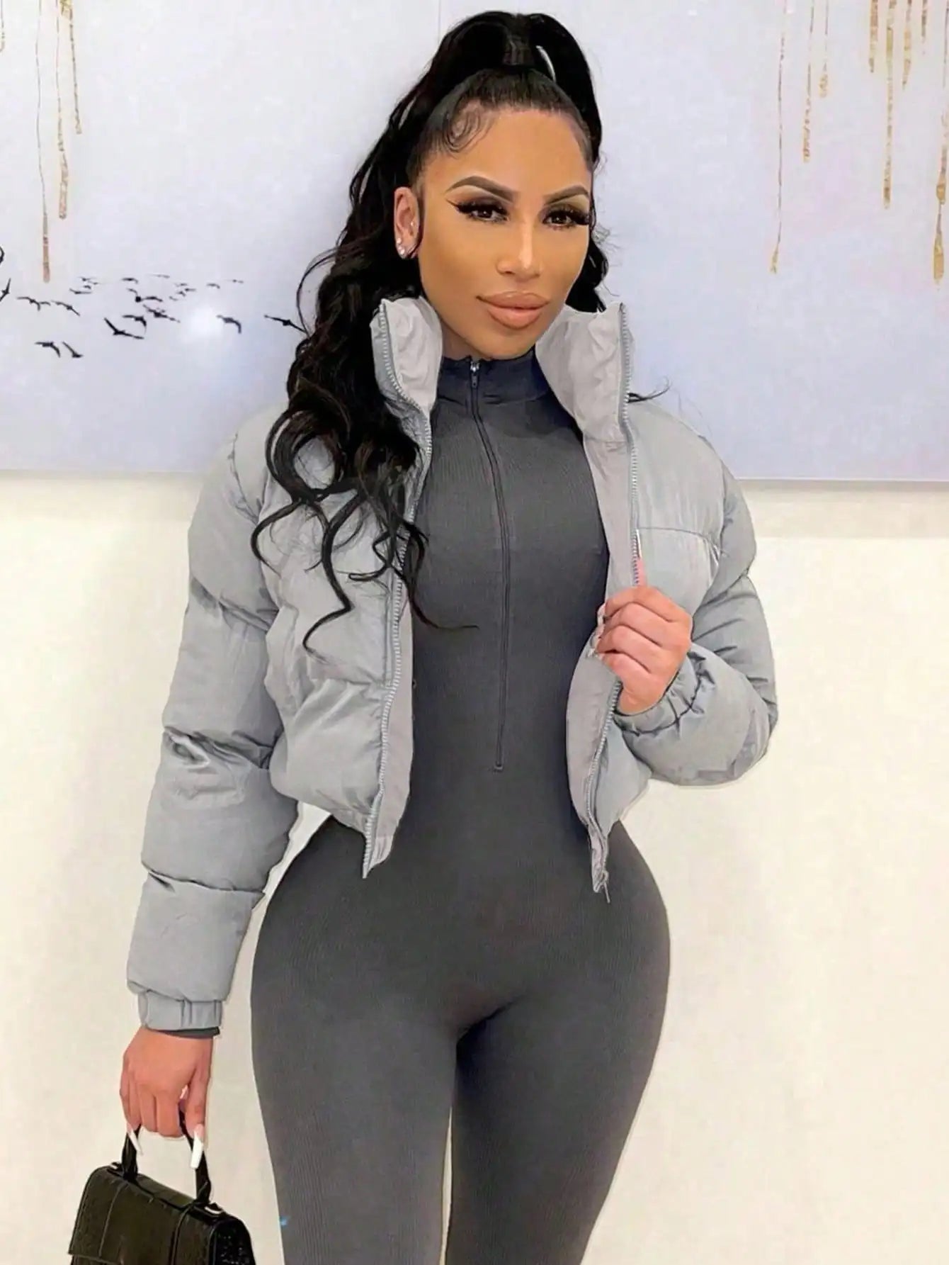 Women's Short Stand Collar Bomber Jacket with Zipper Front, Warm Puffer Style for Winter
