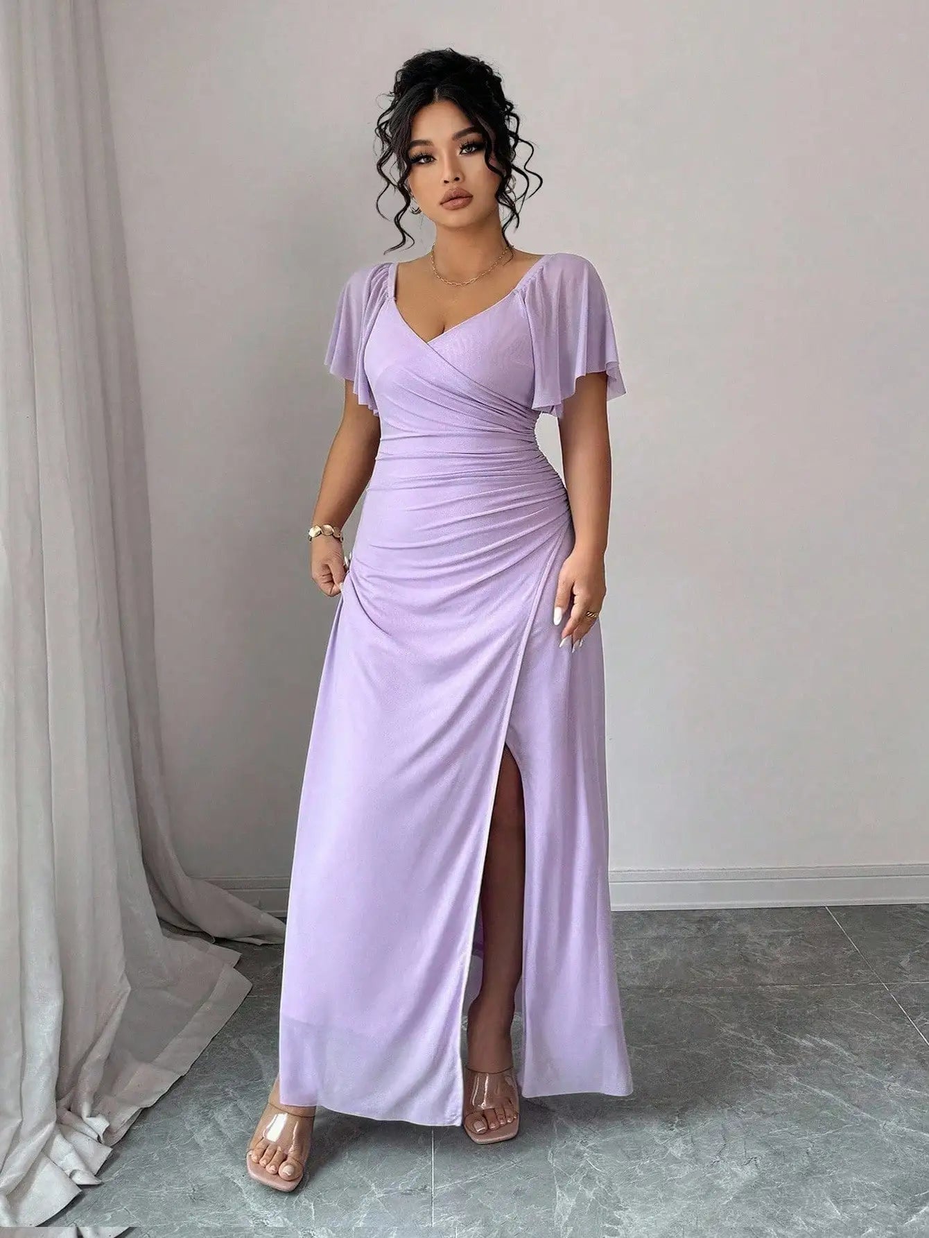 Lavender V-Neck Ruffle Sleeve Pleated Maxi Dress for Bridesmaid Wedding Party Formal Occasion