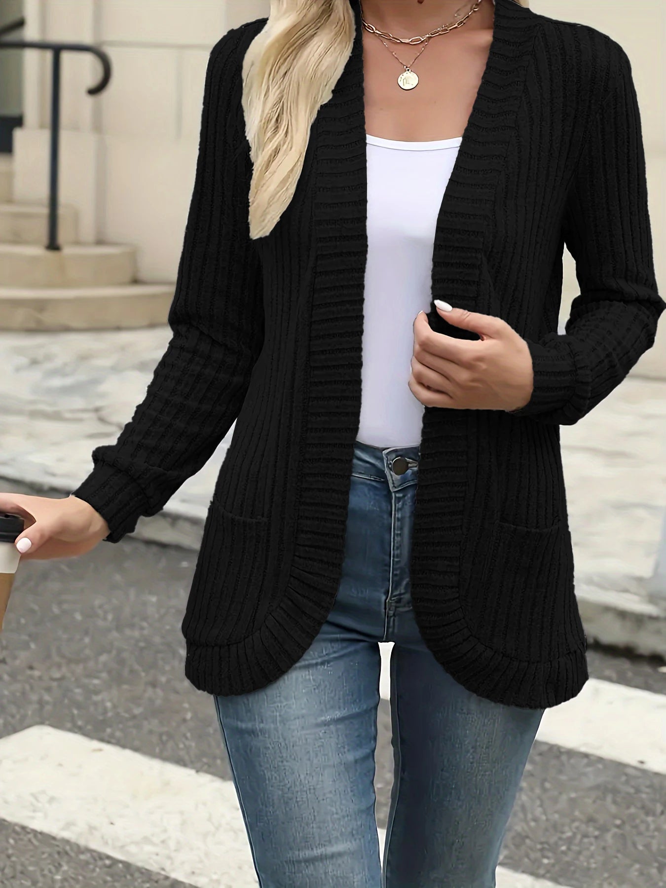 Women Brushed Knit Cardigan Jacket With Pockets Casual Style