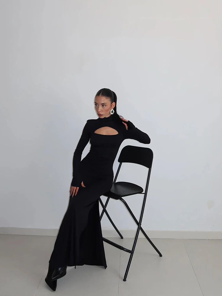 Ahagaga Sexy Sheath Women's Maxi Dresses Solid Turtleneck Regular Long Sleeves Hollow Out Slim Fit Bodycon Party Vestidos Robes