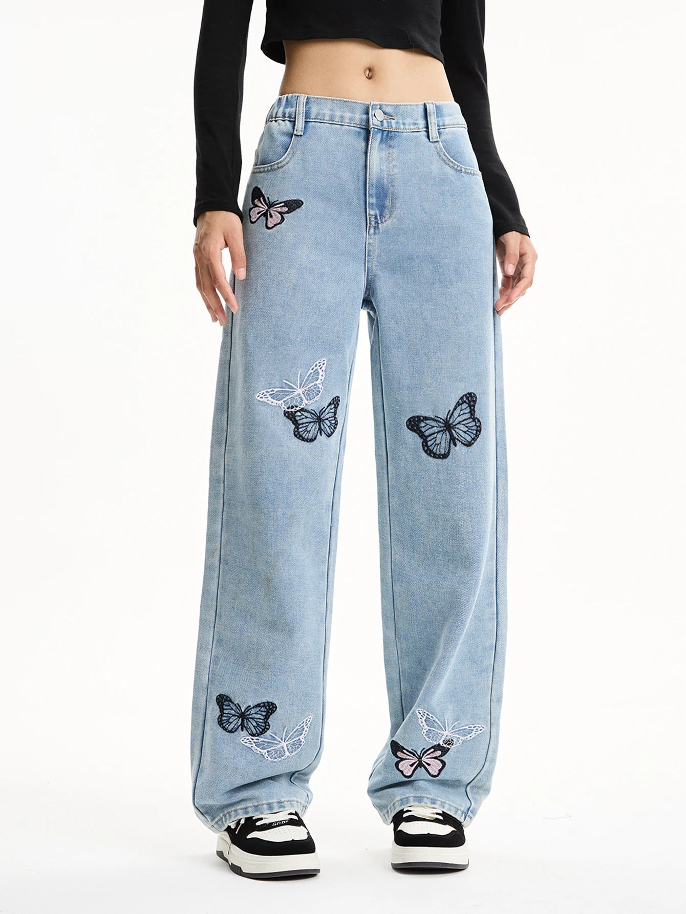 Girls' Butterfly Embroidered Light Blue Washed Jeans - Loose Fit Student Casual Stylish Straight Leg Pants