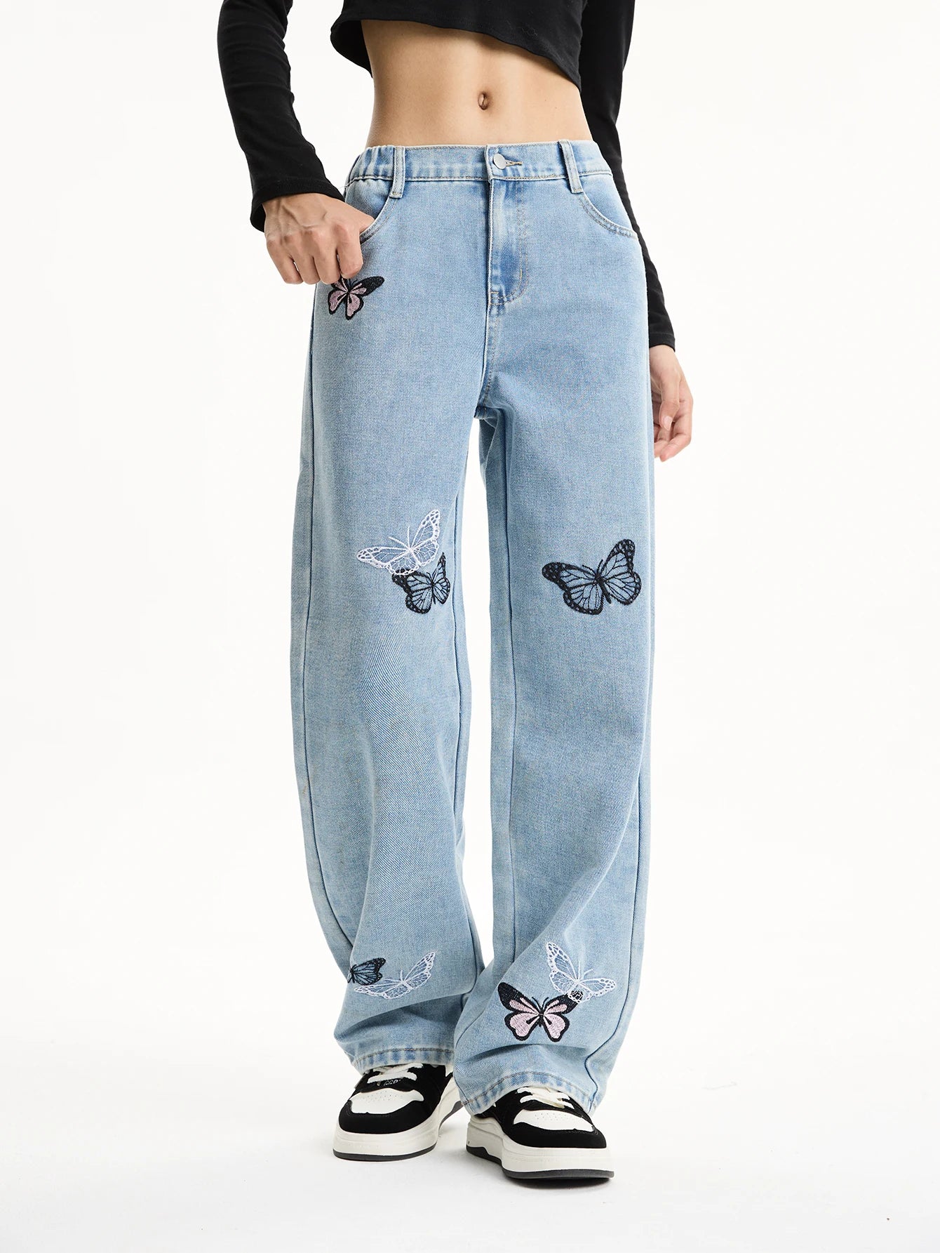 Girls' Butterfly Embroidered Light Blue Washed Jeans - Loose Fit Student Casual Stylish Straight Leg Pants