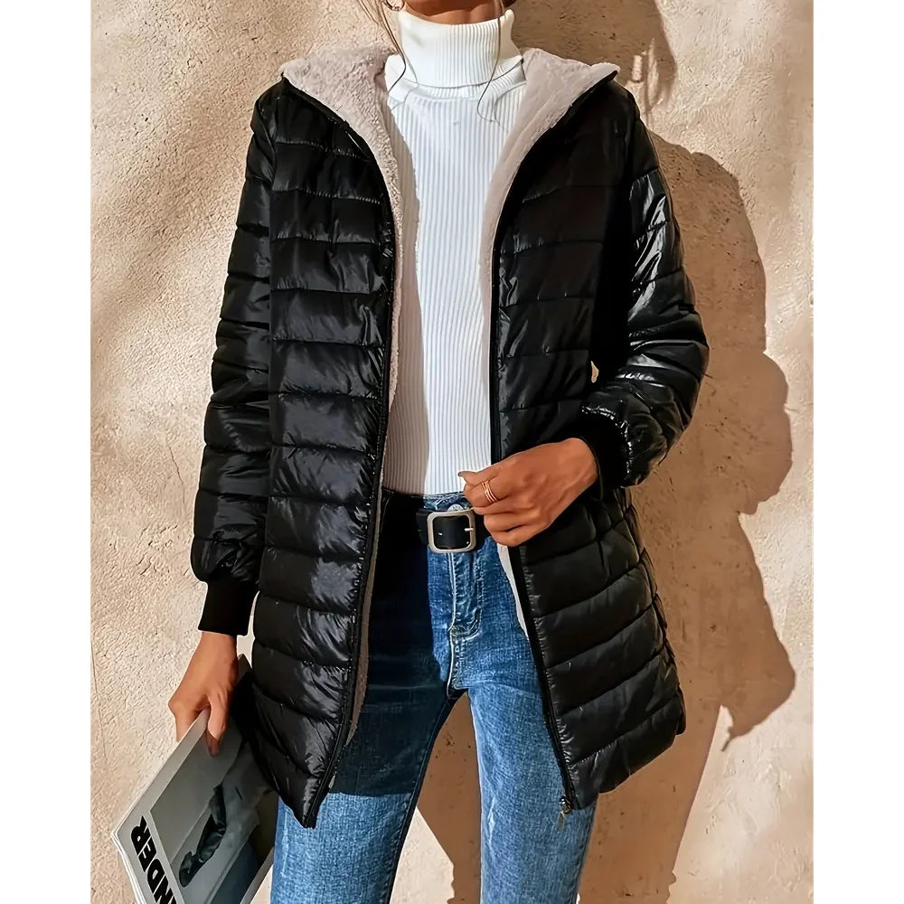 Autumn Winter Mid-Length Women's Down Jacket - Fashion Warm Knitted Hat Design White Duck Down Coat Cold Weather Slim Fit Parka