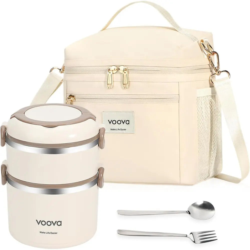 Stackable Stainless Steel Thermal Lunch Box with Lunch Bag, 2 Tier Leakproof & Microwave Safe Insulated Bento Boxes Food Contain