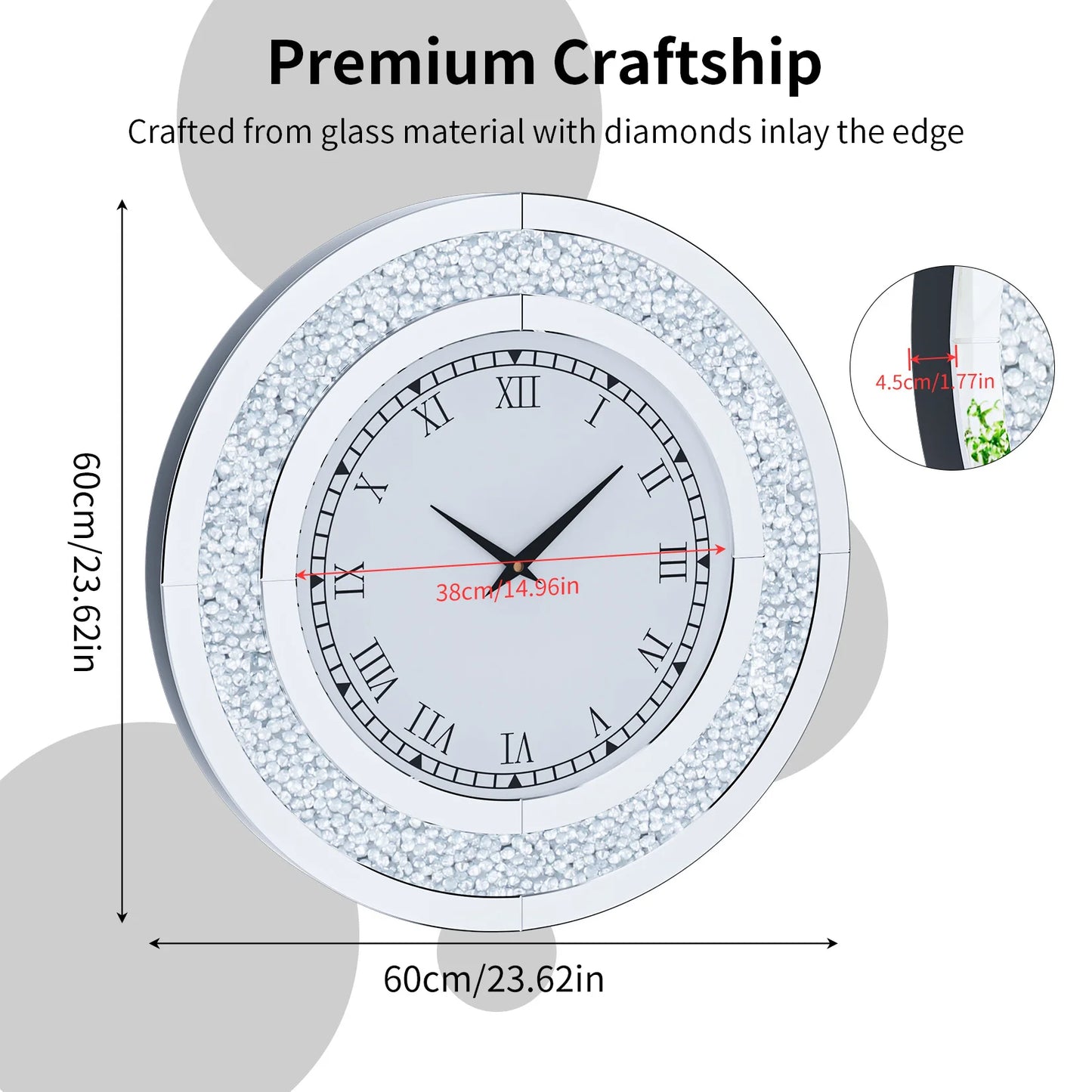 Bling Round Mirror Clock For Glam Sparkle Wall Decor