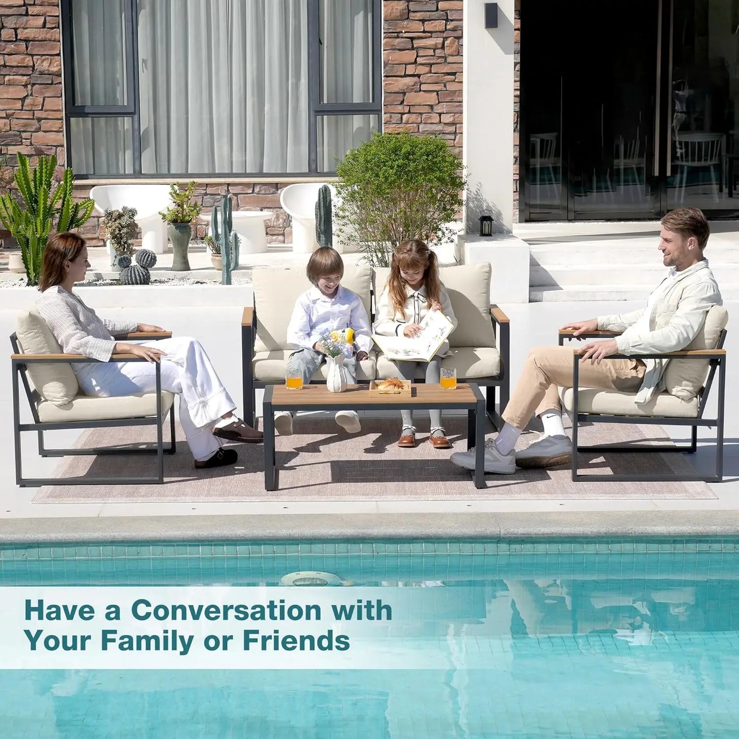 Patio Furniture Set, 4 Pieces Outdoor Patio Furniture with Coffee Table Set, Metal Patio Conversation Sets, Customized