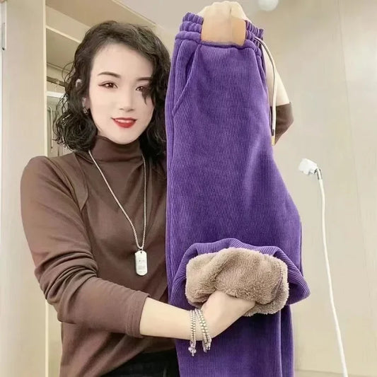 Fleece-Lined European Cotton Velvet Womens Warm Winter Sports Pants