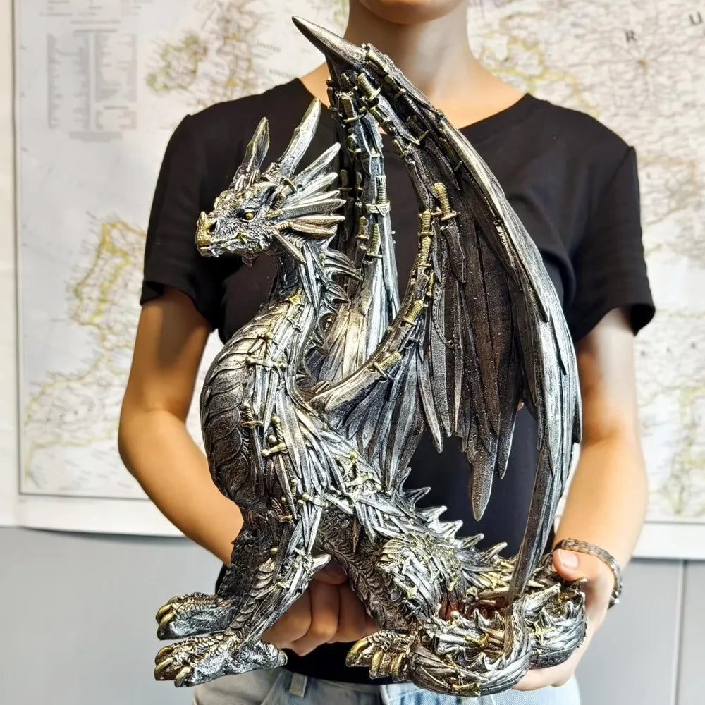 Steampunk Dragon Statue Resin Sitting Gear Sculpture For Desk Decor