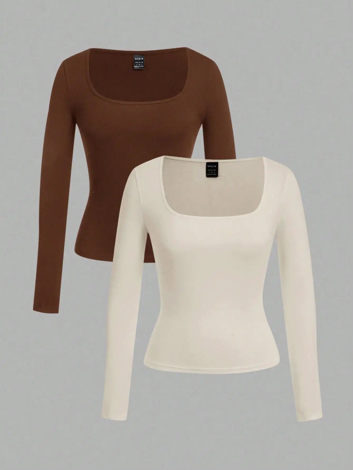 2-Pack Women's Square Neck Long Sleeve Fitted T-Shirts - Black & White, Casual Basic Tops for Autumn Winter