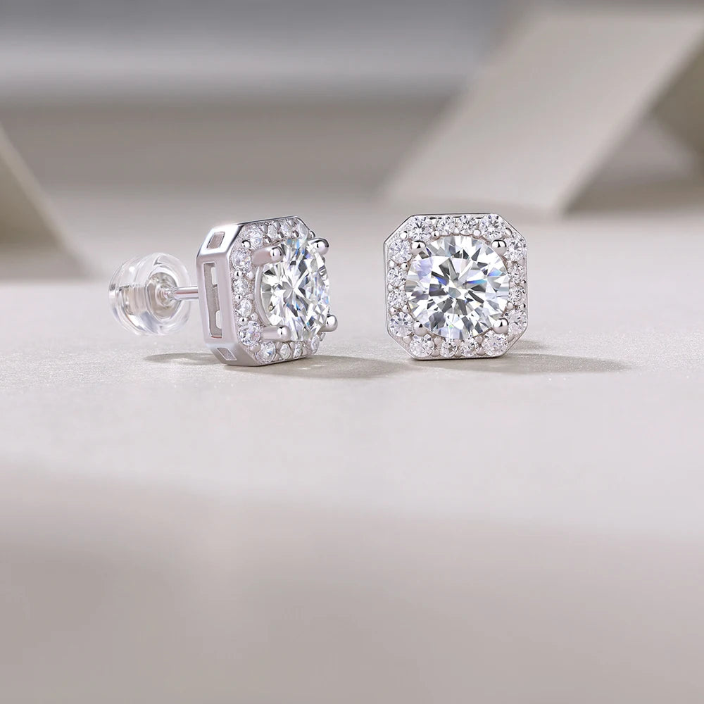 JIUZUAN Moissanite Octagon Halo Stud Earrings 925 Silver 18K Gold Plated