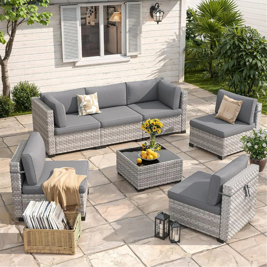 6-Seat Outdoor Wicker Sectional Sofa Set with Thick 4-Inch Cushions Dual-Strand PE Rattan Customizable Modular Patio Furniture
