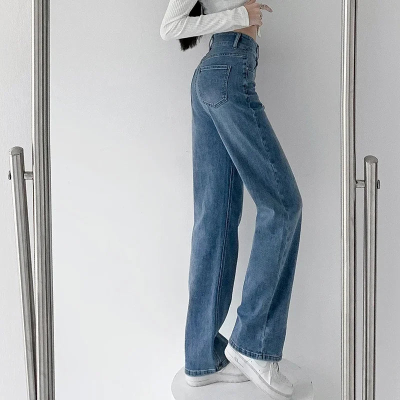 Loose Straight Women's Jeans Fashion Stretch Soft Drape Multi-button High Waist Denim Trousers Street Fashion Female Clothing