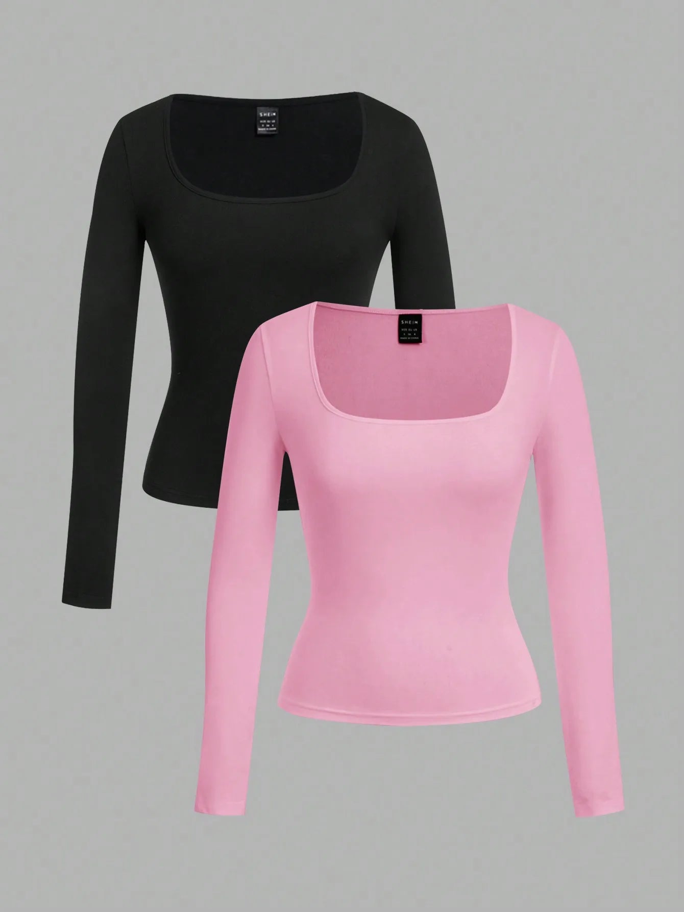 2-Pack Women's Square Neck Long Sleeve Fitted T-Shirts - Black & White, Casual Basic Tops for Autumn Winter
