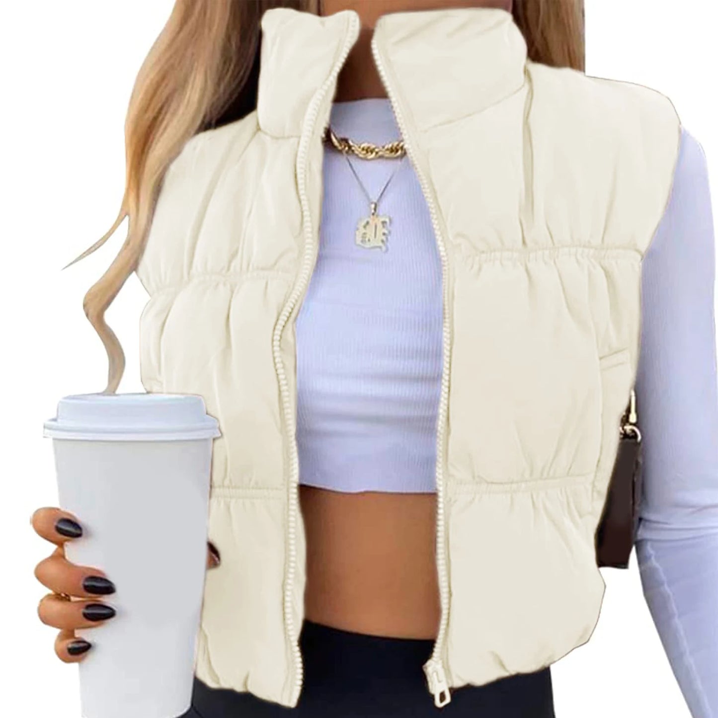 Women s Winter Quilted Waistcoat Solid Color Lightweight Zip Stand Collar Winter Vest Sleeveless Jacket