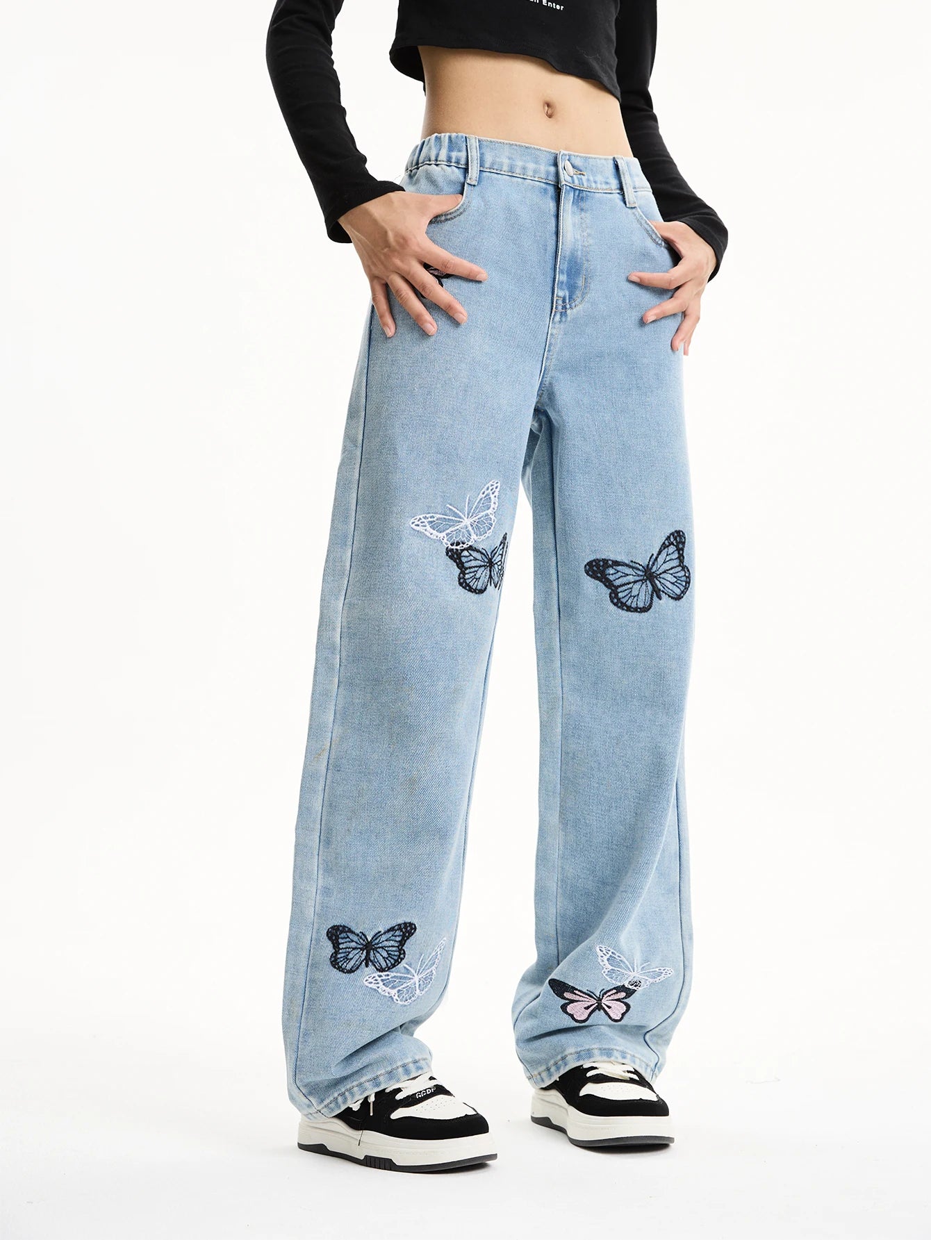 Girls' Butterfly Embroidered Light Blue Washed Jeans - Loose Fit Student Casual Stylish Straight Leg Pants