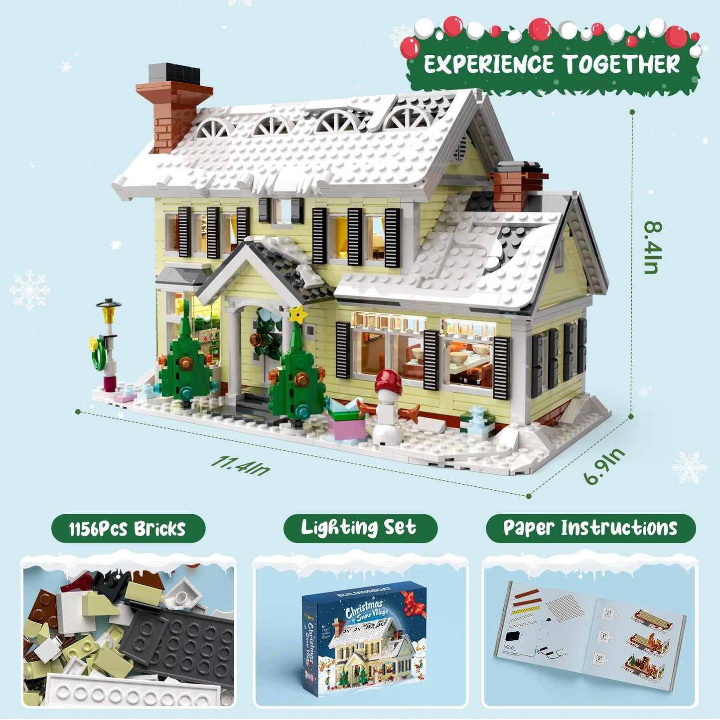 Christmas Holiday House Building Blocks Set LED Snow Village