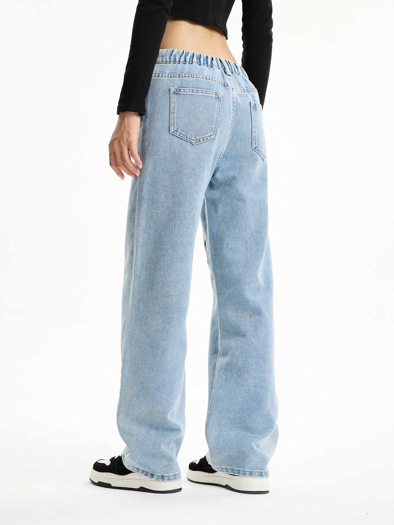 Girls' Butterfly Embroidered Light Blue Washed Jeans - Loose Fit Student Casual Stylish Straight Leg Pants