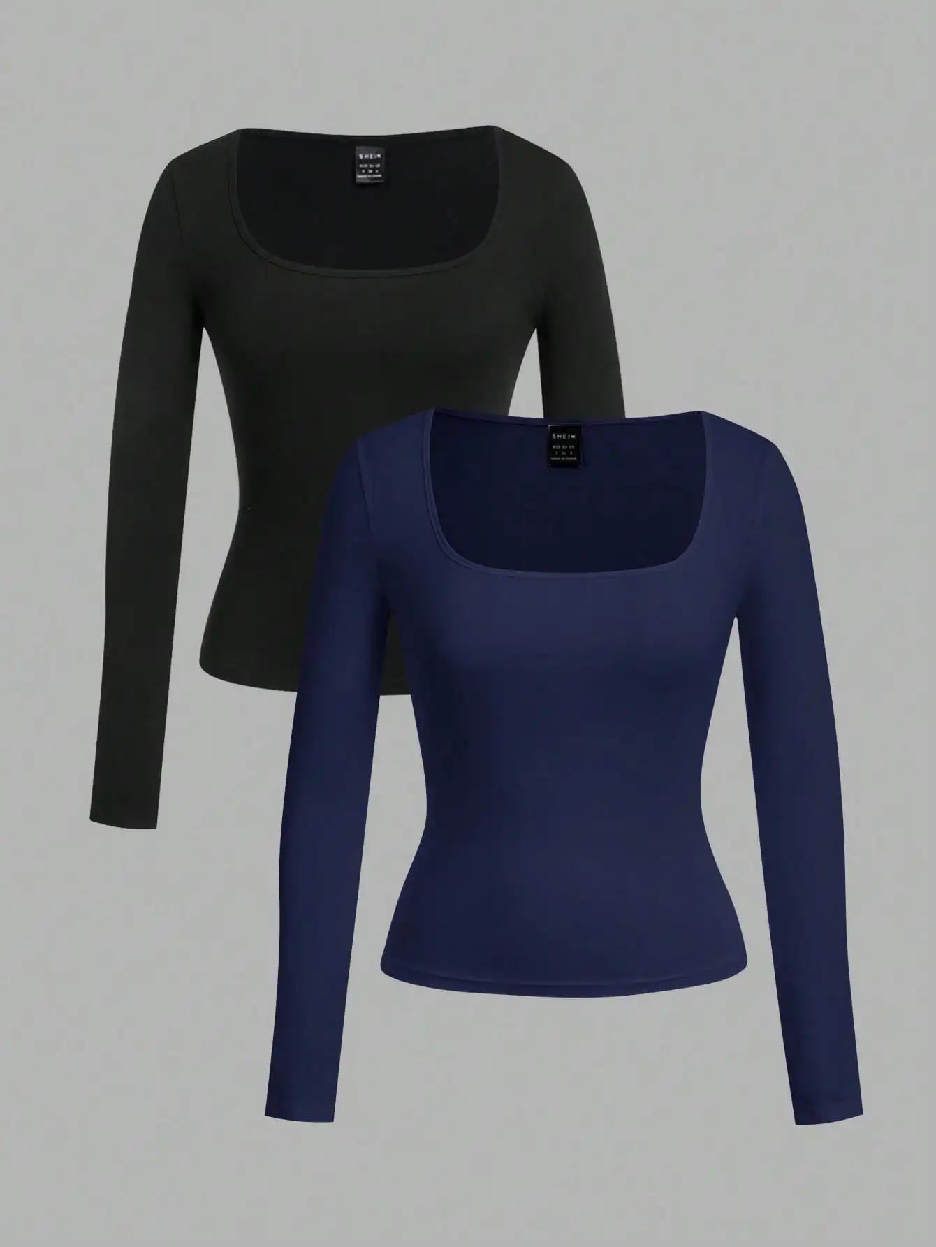 2-Pack Women's Square Neck Long Sleeve Fitted T-Shirts - Black & White, Casual Basic Tops for Autumn Winter