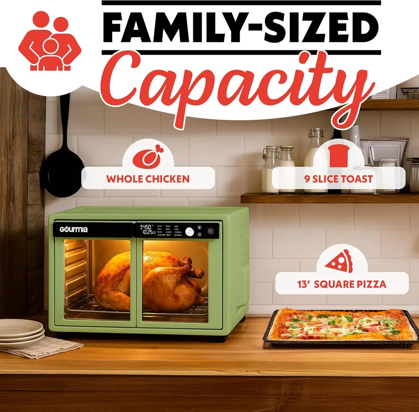 French Door Air Fryer Oven - 37 Qt Large Capacity Convection Toaster Oven, FryForce 360°, Digital Display, 12 Cooking Presets