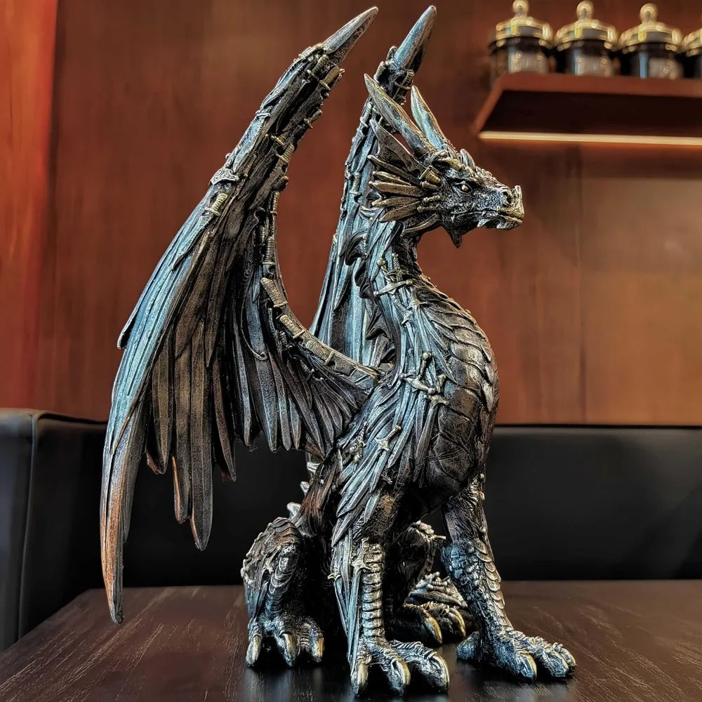 Steampunk Dragon Statue Resin Sitting Gear Sculpture For Desk Decor