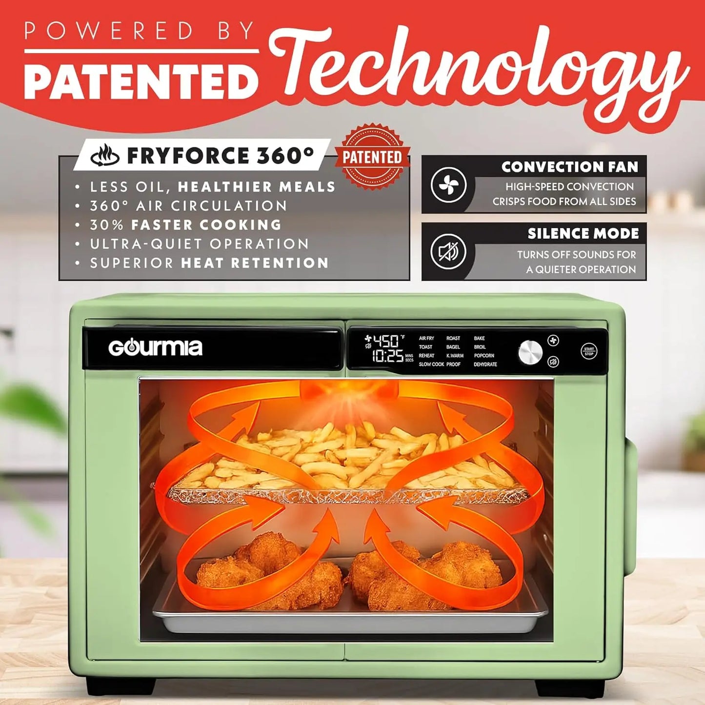 French Door Air Fryer Oven - 37 Qt Large Capacity Convection Toaster Oven, FryForce 360°, Digital Display, 12 Cooking Presets
