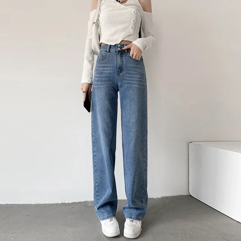 Loose Straight Women's Jeans Fashion Stretch Soft Drape Multi-button High Waist Denim Trousers Street Fashion Female Clothing