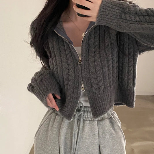 Basic Versatile Casual Cardigan For Women Vintage Autumn Winter Korean Knitted Short Sweater Women's Long Sleeve Solid Crop Tops